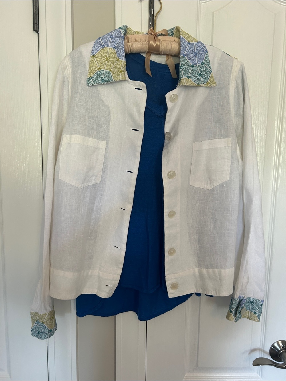 White Linen Button-Up Shirt/Jacket with Patterned Collar and Cuffs